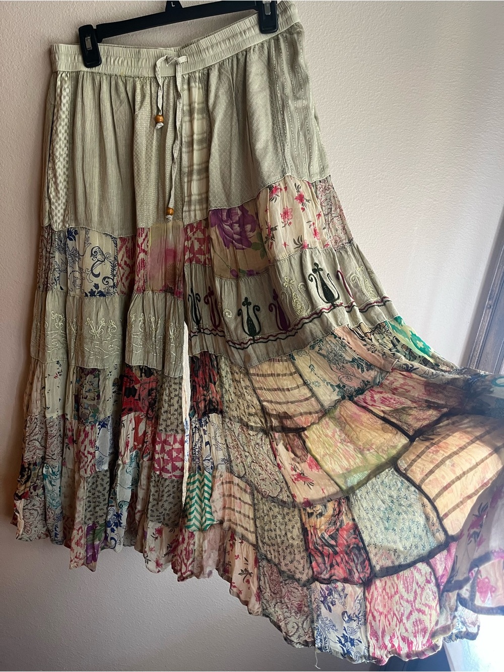 Women's Bohemian Wide Leg Patchwork Pants - Cream Multi - Picture 2 of 5
